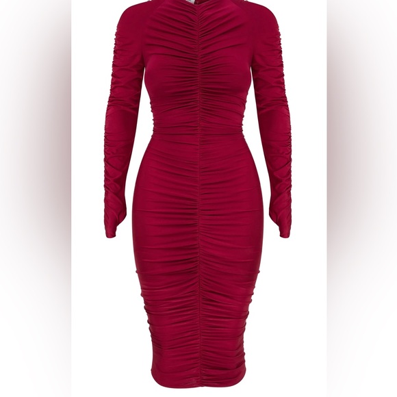 Hot Miami Styles Dresses & Skirts - Hot Miami Styles Sexy Burgundy Ruched Long Sleeve Dress Size Medium Back Zipper